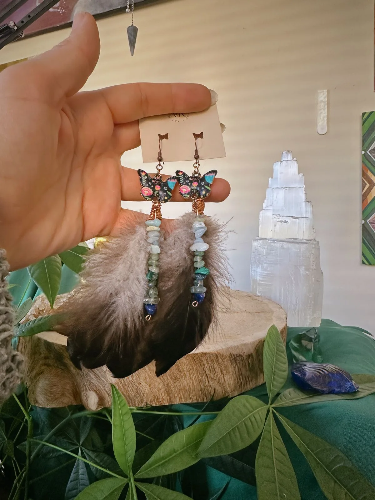 handmade butterfly and stone earrings